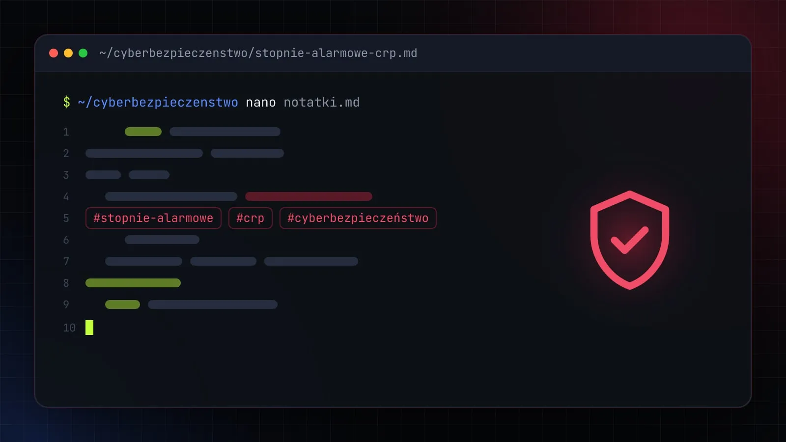 Ilustracja do artykułu „Stopnie alarmowe CRP: ALFA, BRAVO, CHARLIE, DELTA — co oznaczają i co trzeba zrobić” — okno edytora z ikoną działu Cyberbezpieczeństwo