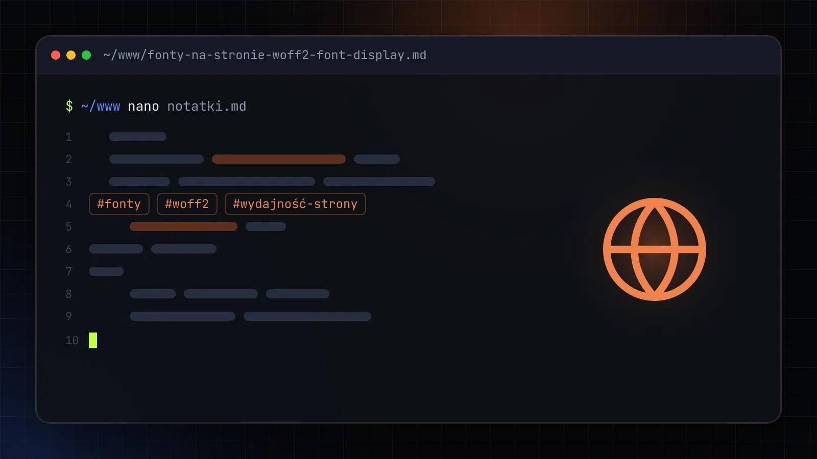 Ilustracja do artykułu „Fonty na stronie a szybkość: WOFF2, font-display, preload i polskie znaki” — okno edytora z ikoną działu WWW i WordPress